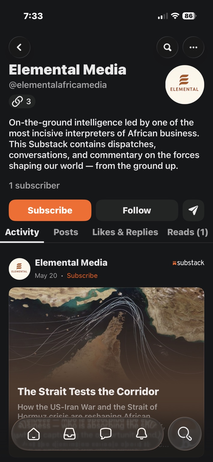 Elemental Media Substack app, shown on an iPhone