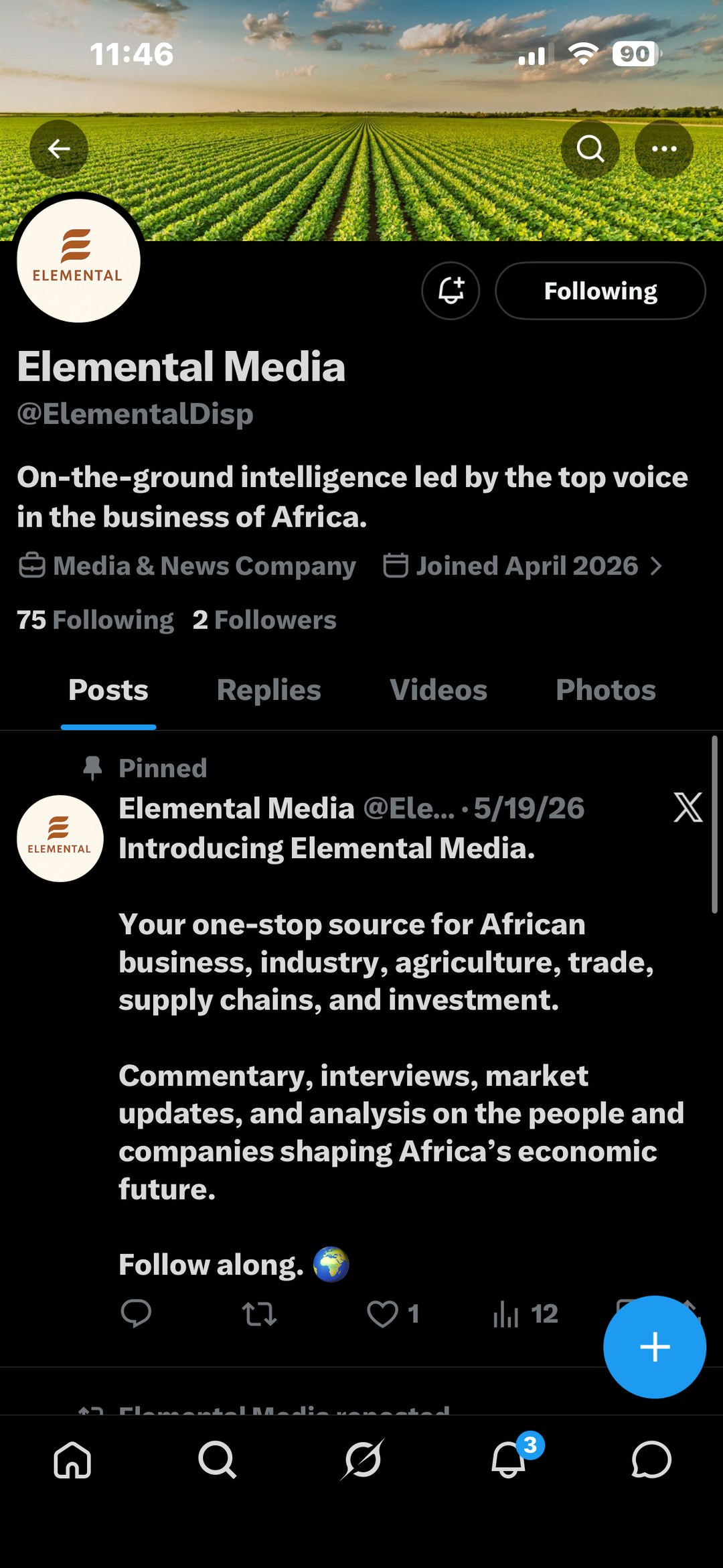 Elemental Media on X, shown on an iPhone 16 Pro